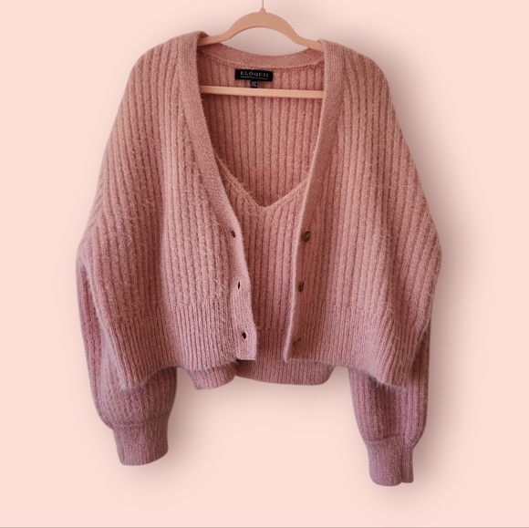 Eloquii Pink Cardigan Tank Top Set Fuzzy - Picture 2 of 12